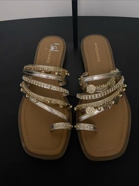 Andiamo Gold Coin Charm Strappy Slide Sandals